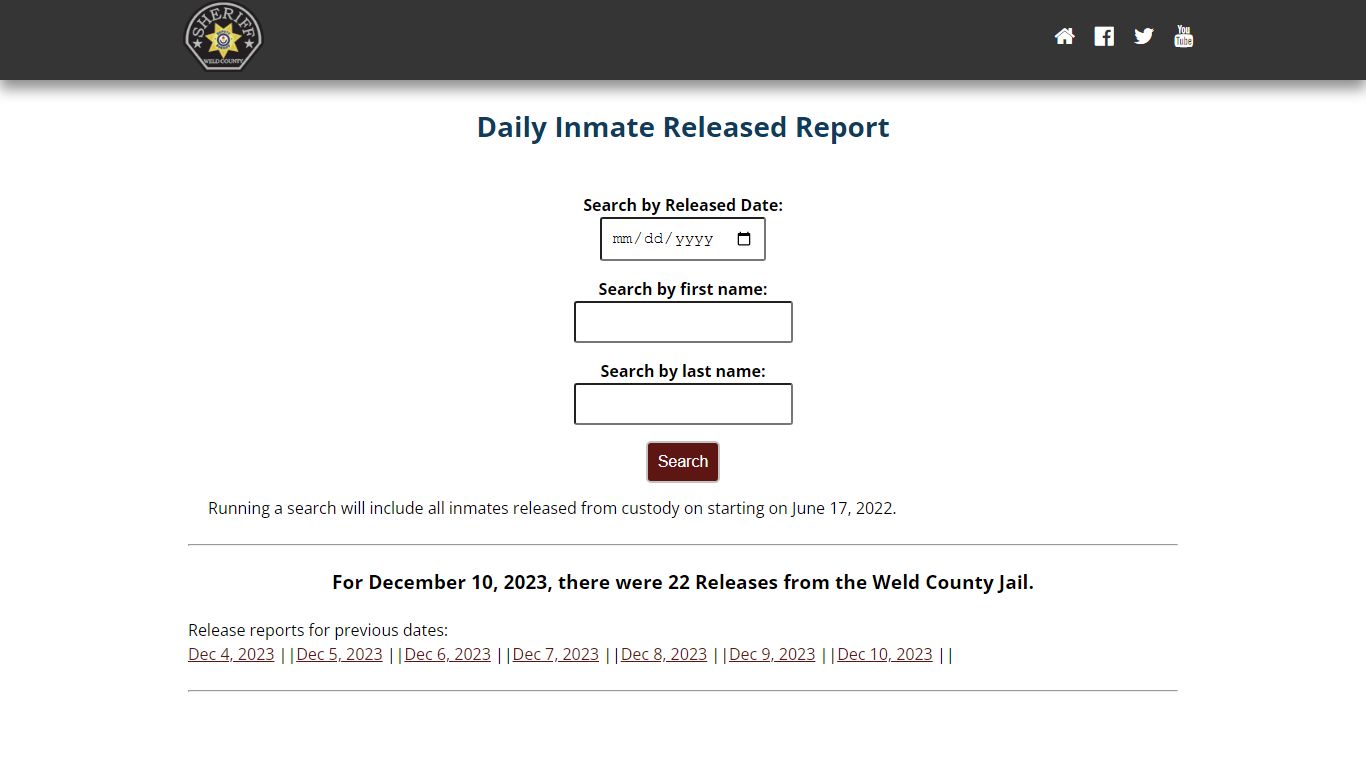 Weld County: Sheriff's Office Inmate Released Report